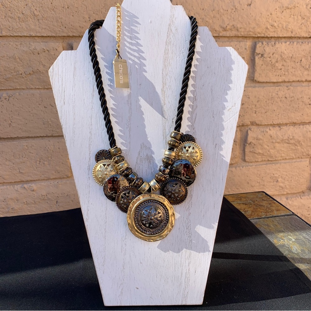 NWT Chico’s Black Satin Rope Necklace with Gold and Bronze Buttons